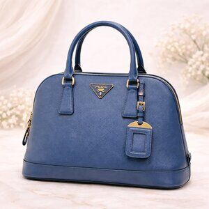 Authentic Prada Promenade Blue Saffiano Lux Leather Top Handle Bag
